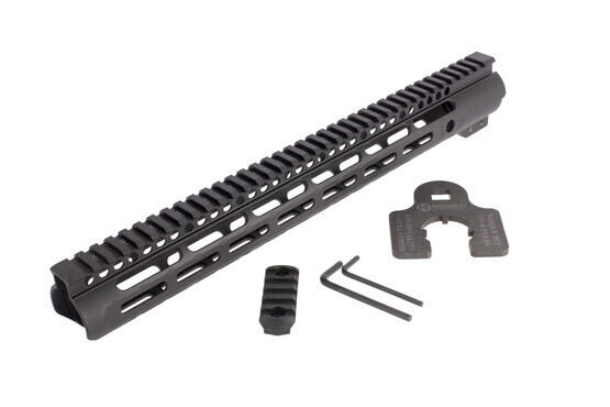 Midwest Industries Slim Line 15in free float M-LOK rail for the AR-15 includes a rail section and helpfully labeled barrel nut wrench.
